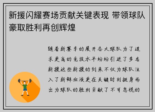 新援闪耀赛场贡献关键表现 带领球队豪取胜利再创辉煌