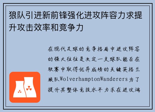 狼队引进新前锋强化进攻阵容力求提升攻击效率和竞争力